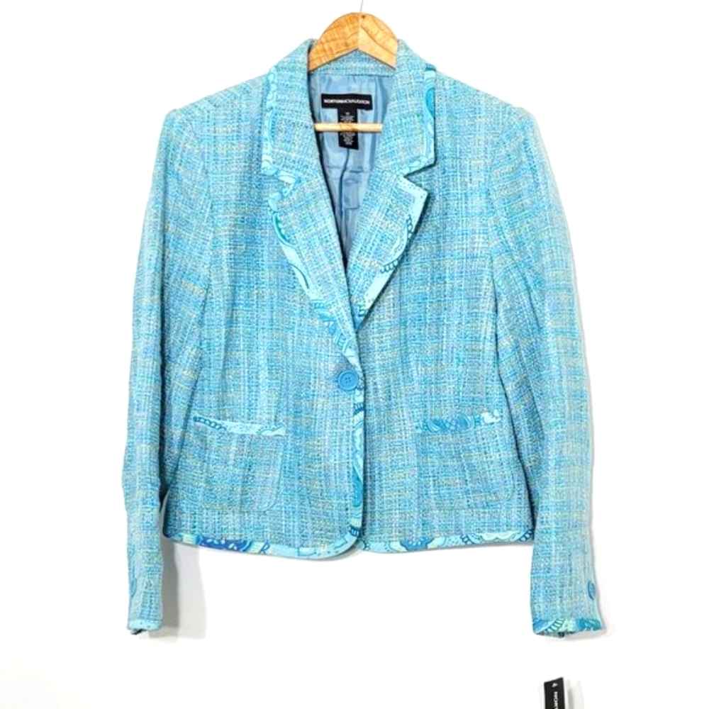 Norton McNaughton | Womens Tweed Blazer Jacket Teal Aqua Single Button 12 NWT